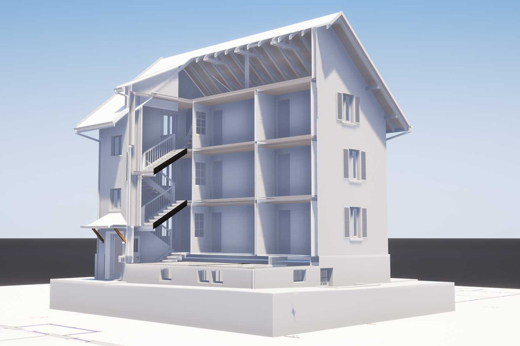 Coupe géométrique correcte du bâtiment en 3D, HMQ AG