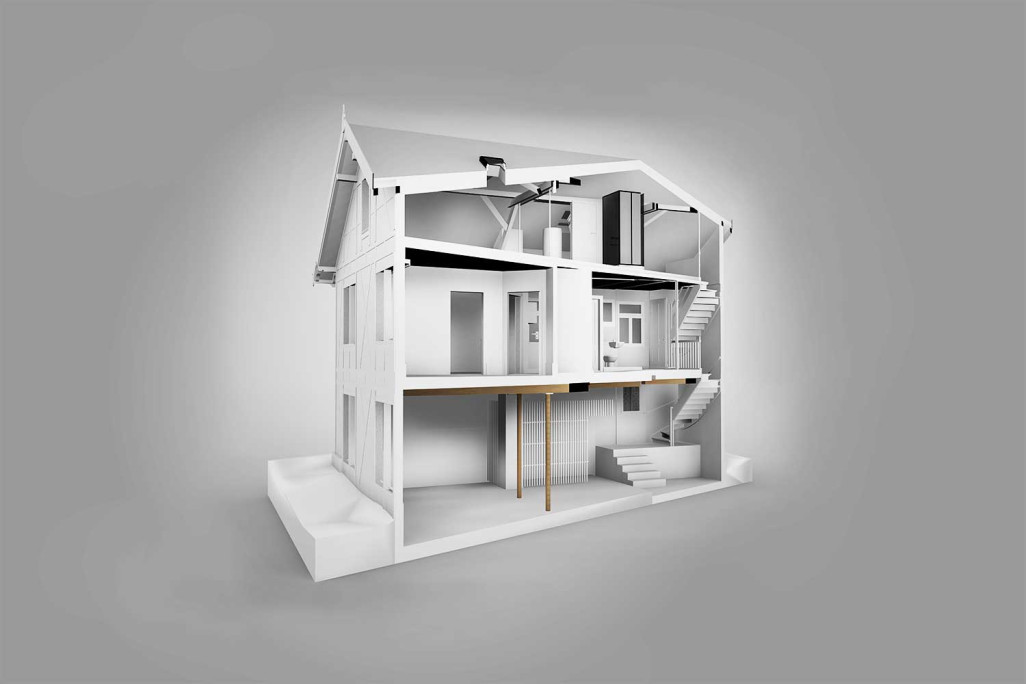 Modèle CAO 3D, coupe 3D du bâtiment, HMQ AG