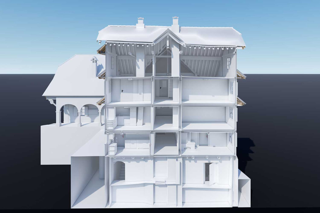 Coupe du bâtiment à travers un modèle 3D, HMQ AG