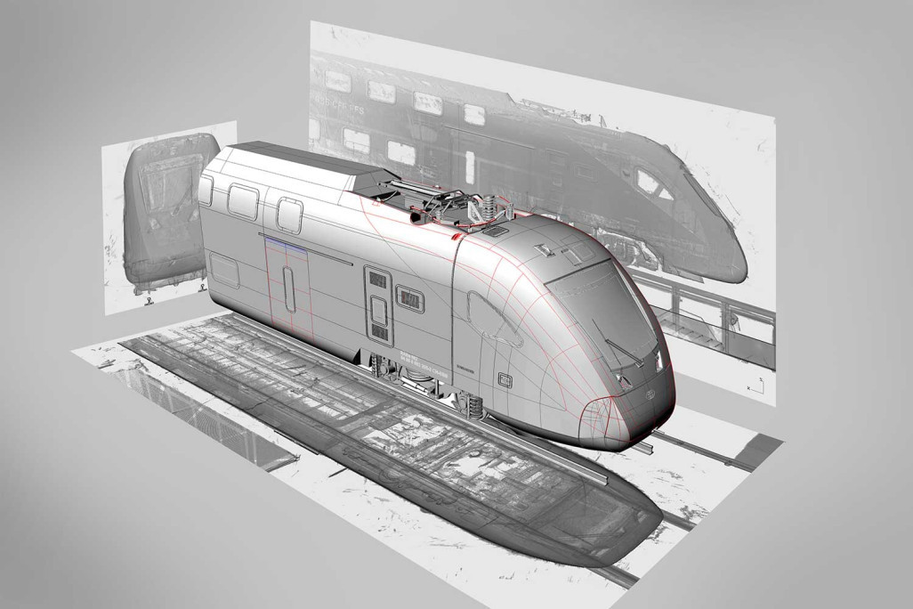 Avant du train Bombardier, modèle CAO 3D issu d'un scan laser, HMQ AG