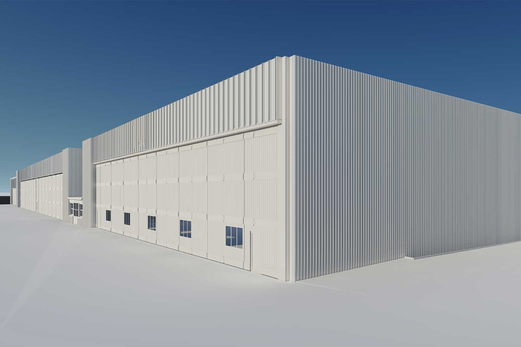 Modèle 3D, hangar d'aérodrome, HMQ AG