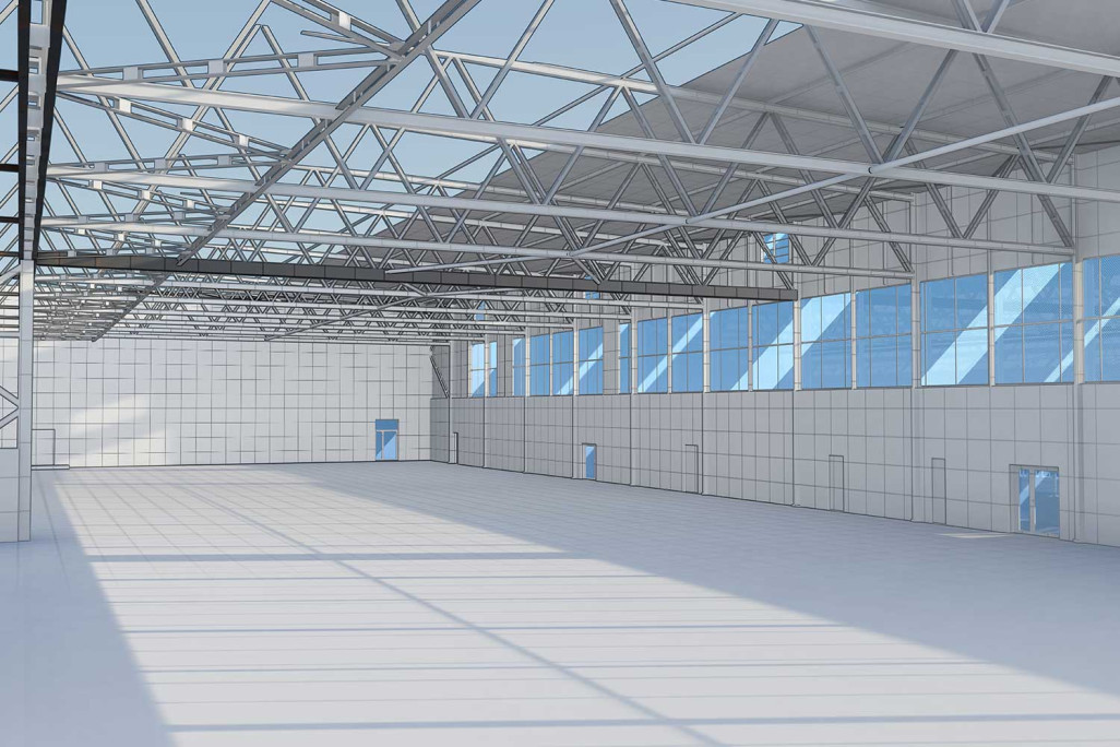 Modélisation 3D, hangar d'avion, HMQ AG