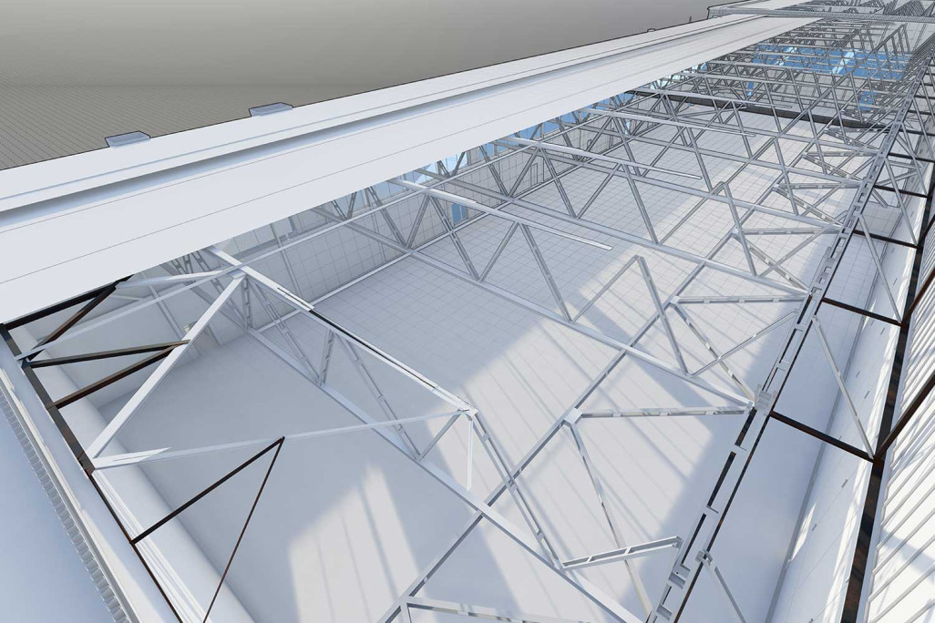 Modélisation 3D, construction métallique du hangar, HMQ AG