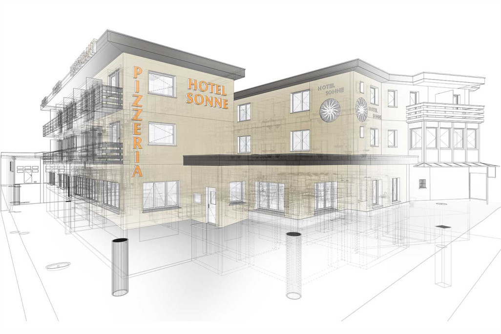 Modélisation CAO 3D, hôtel Sonne à Saint-Moritz, HMQ AG