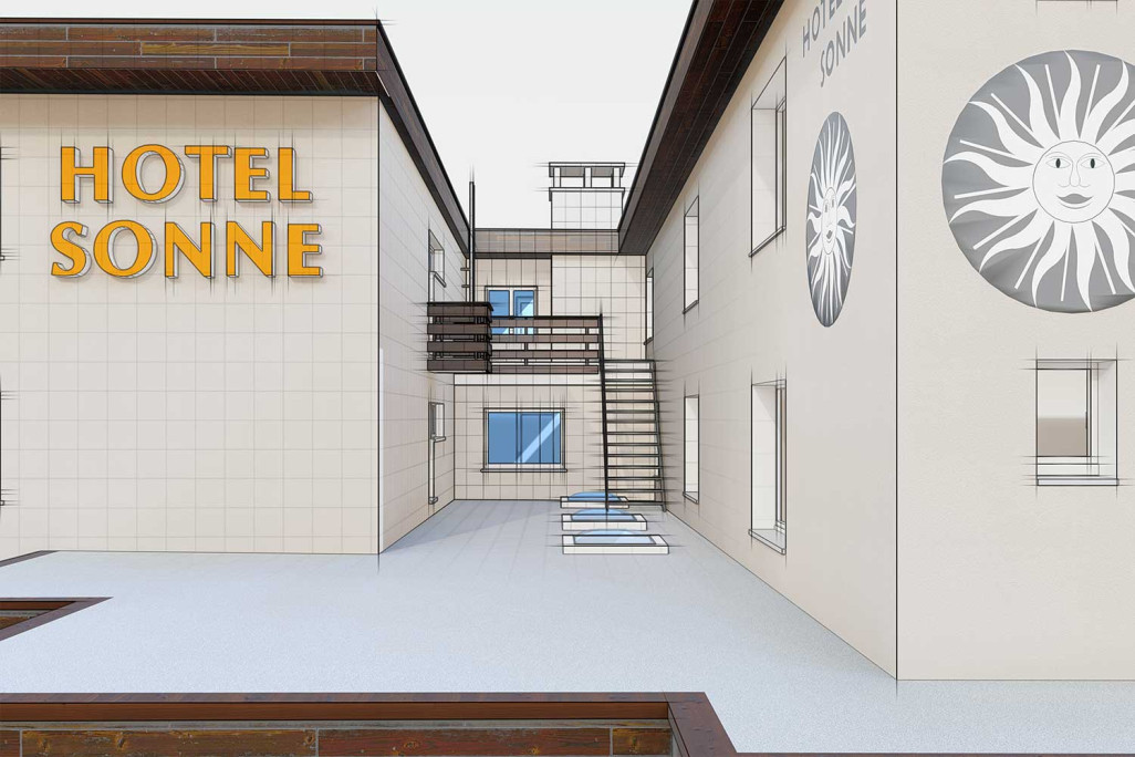 Modèle 3D, Hôtel Sonne à Saint-Moritz, HMQ AG