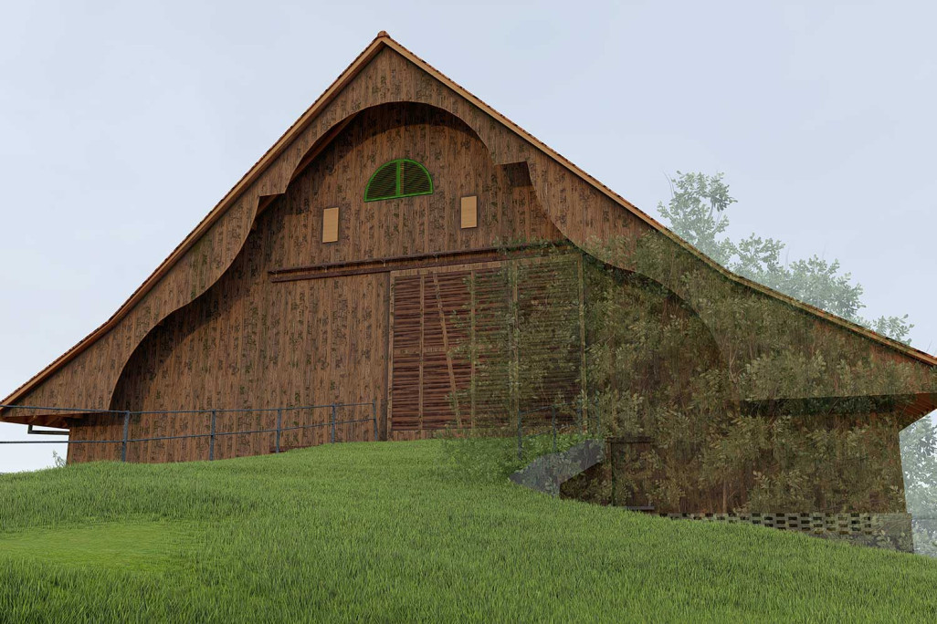 Grange, modèle 3D issu d'un relevé topographique, HMQ AG