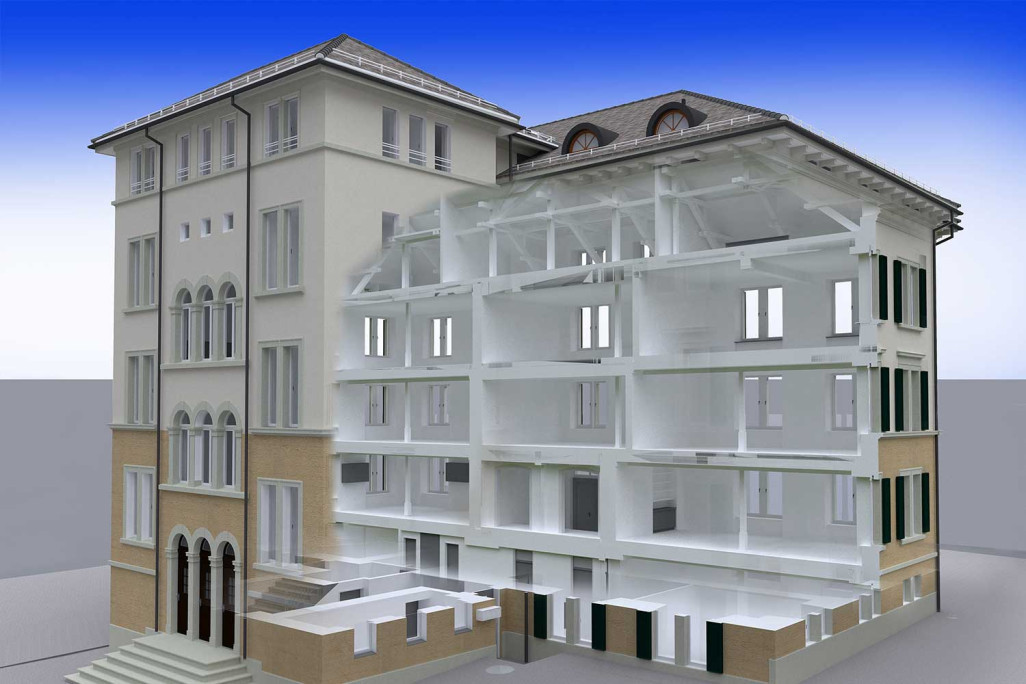 Modèle 3D avec coupe 3D, relevé du bâtiment, HMQ AG