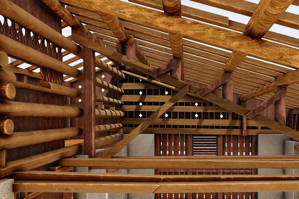 Modèle 3D, étable avec charpente, relevé du bâtiment, HMQ AG