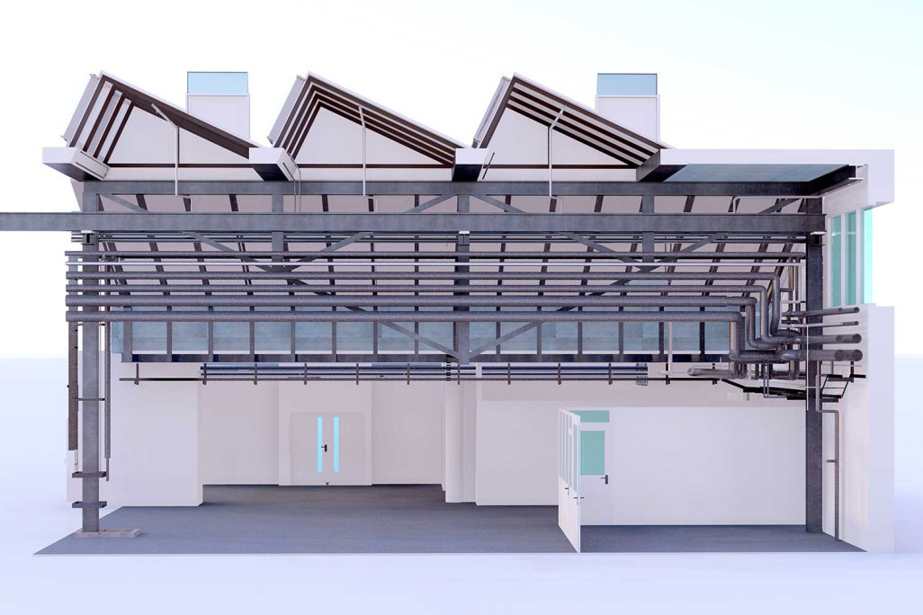 Coupe 3D toit en shed avec CVC, HMQ AG