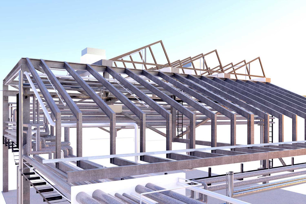 Structure porteuse 3D, bâtiment industriel avec toit en shed, HMQ AG
