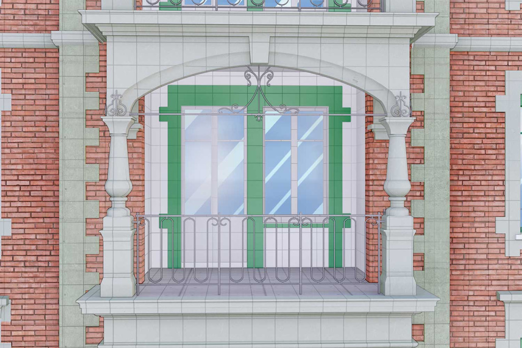 Détail de façade en 3D à Berne, HMQ AG