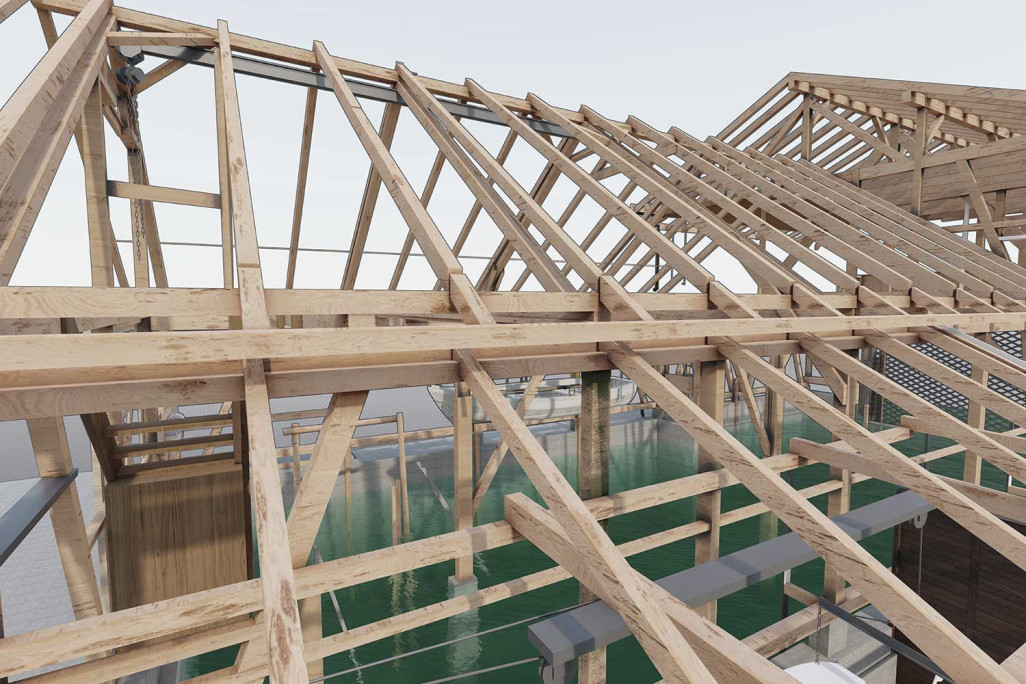 Oberägeri ZG, structure porteuse 3D pour hangar à bateaux, HMQ AG
