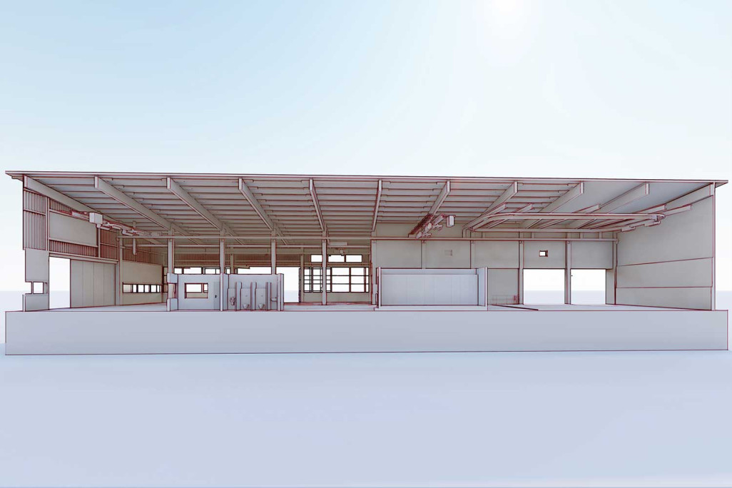 Coupe 3D, hall industriel, HMQ AG