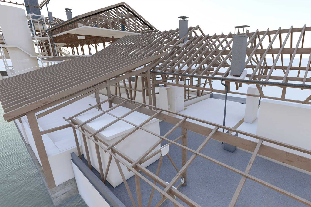 Bâtiment d'atelier, modélisation 3D de la structure du toit, HMQ AG