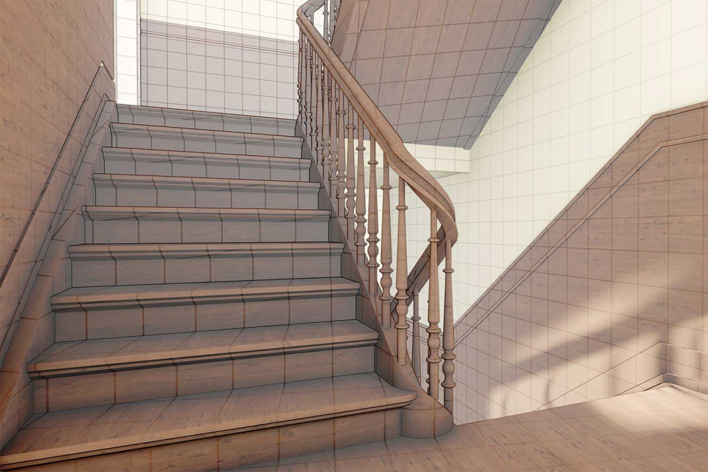 Zurich, modélisation CAO 3D d'une cage d'escalier avec texture, HMQ AG